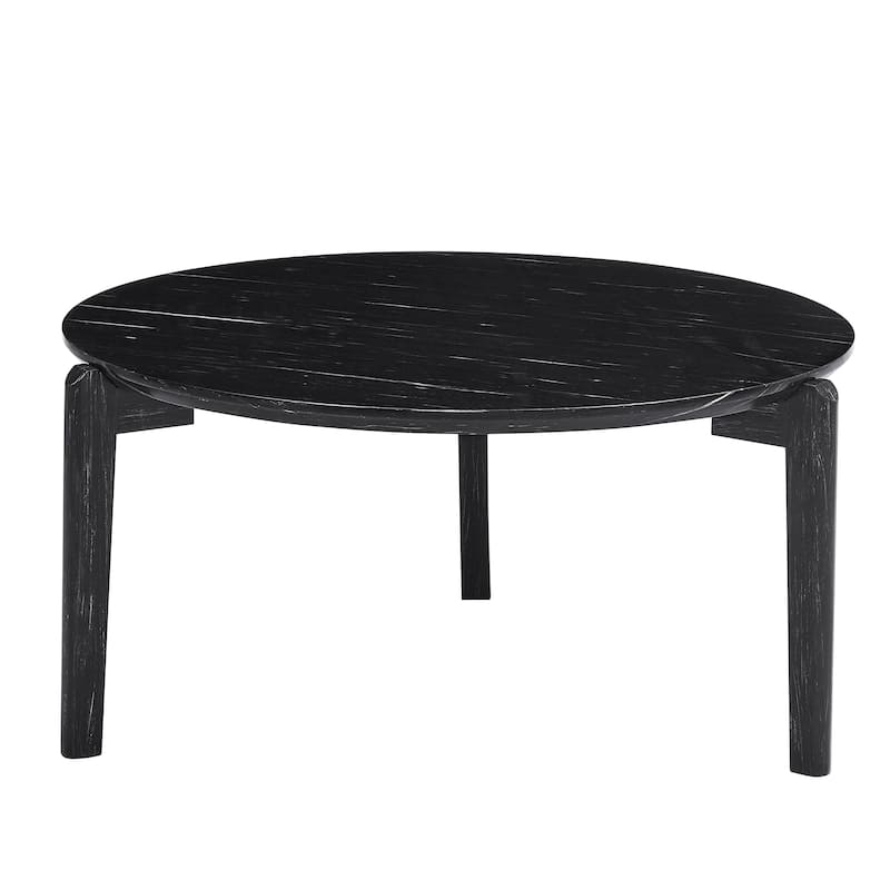Modern 36-Inch Round Coffee Table-Stylish Imitation Marble Top with Solid Rubber Wood Legs-Elegant Wooden Center Table
