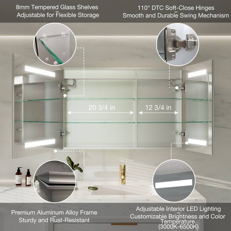 30-48'' W x 24'' H Surface or Recessed LED Bathroom Medicine Cabinet With Mirror,Defog & Quiet Hinges