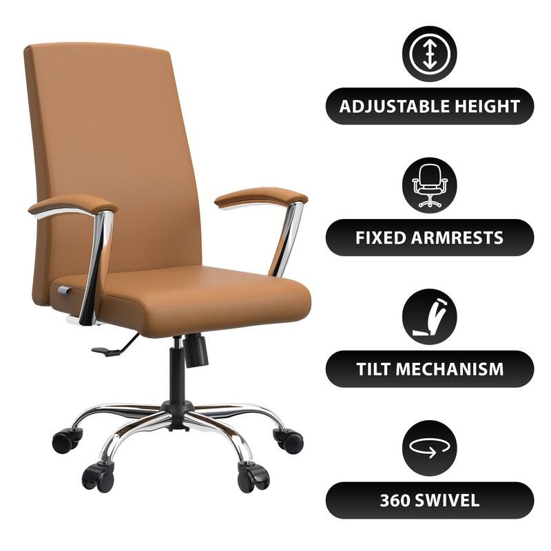 LeisureMod Evander Modern Swivel Office Chair in Faux Leather with Silver Frame