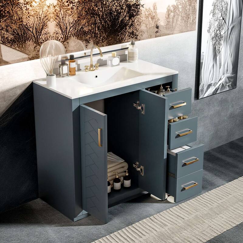 36'' Freestanding Bathroom Vanity with Sink, Solid Wood Frame, 3 Drawers