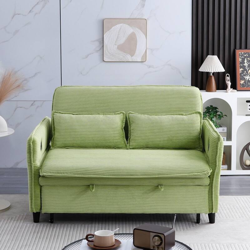 65.7" Corduroy Upholstered Pull-out Sofa With Cup Holder - Green