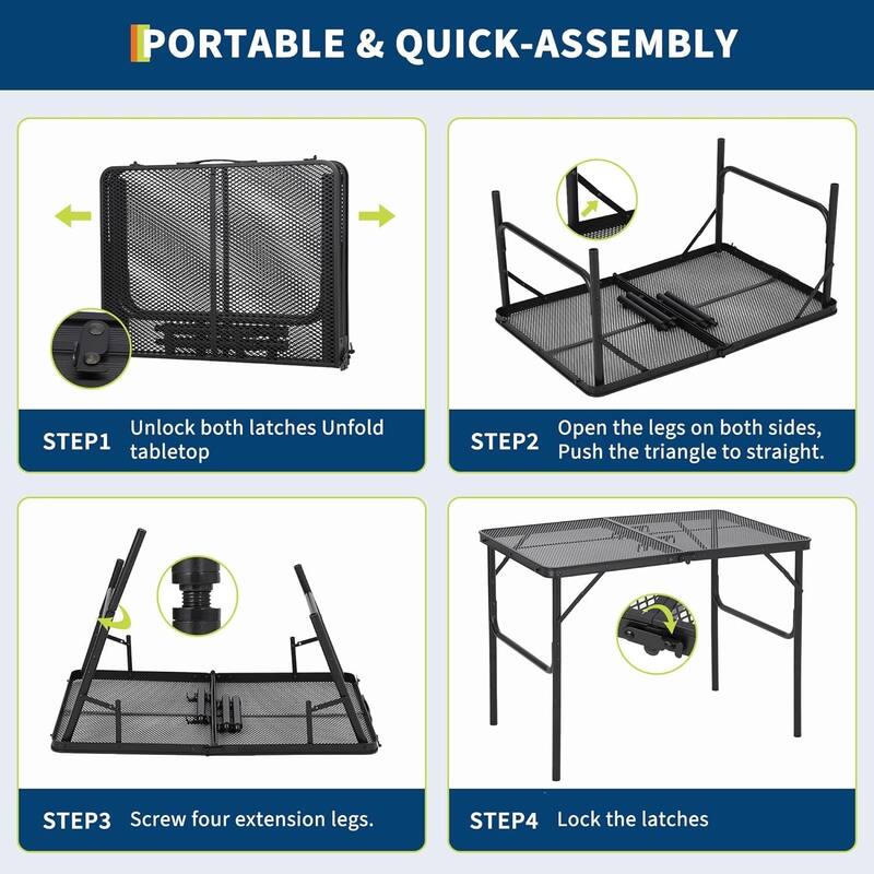 Adjustable Height Camping Grill Folding Table for Outdoor Camping, Travel Cooking, BBQ, Picnic - N/A