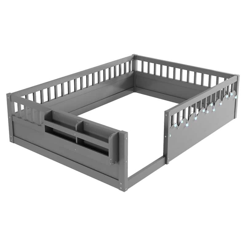 GDF Studio - Ellington Full Size Montessori Floor Bed with High Rails, LED Light, and Storage Shelf
