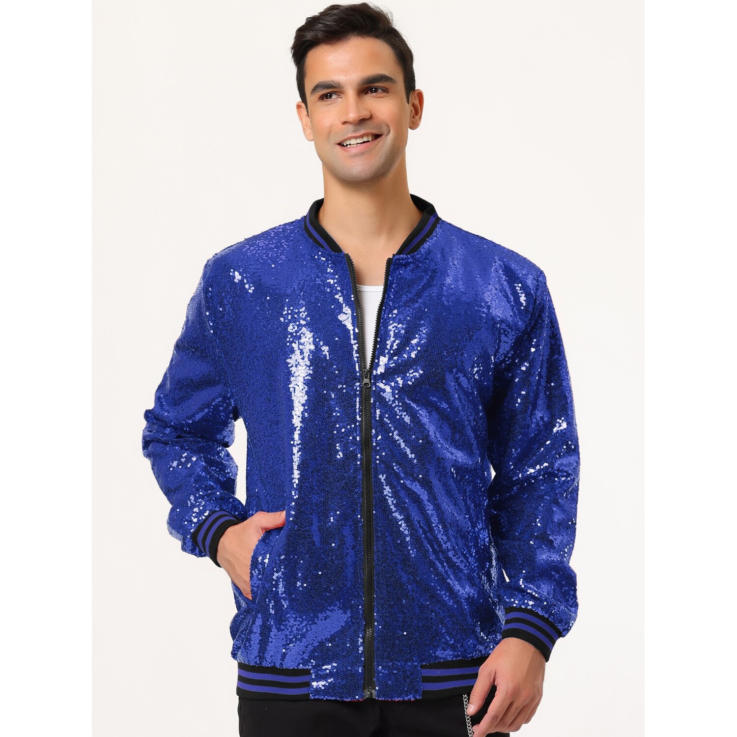 mens blue sequin bomber jacket