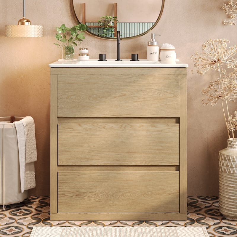 30" Freestanding Bathroom Vanity with Ceramic Sink - 2 Full-Extension Drawers, Soft-Close Slides & 45° Handle-Free Design - Brown
