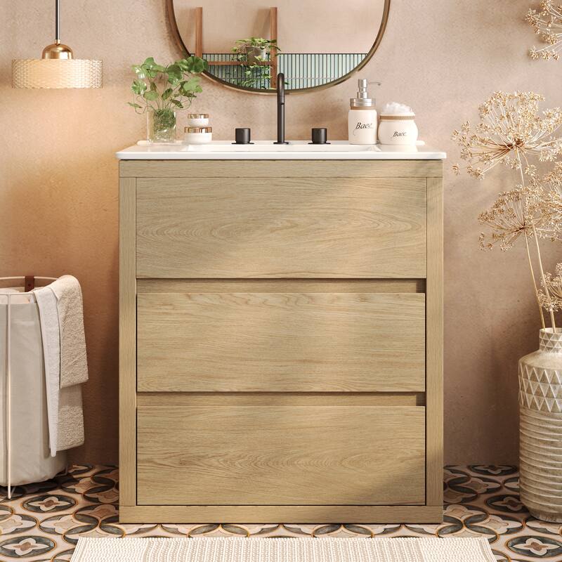30" Vanity with Sink and 2 Full-Extension Drawers,Freestanding Vanity with 45°,Soft Close Undermount Drawer Slides - Natural
