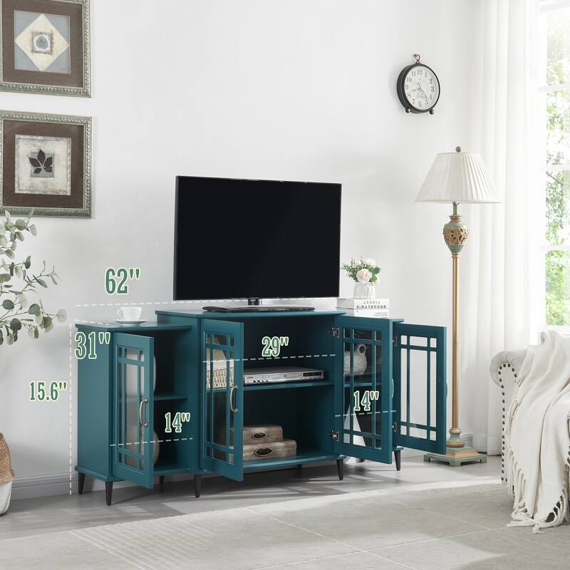 62.01" TV Stand with Tempered Glass Doors and Adjustable Shelves for Living Room