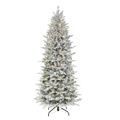 Puleo International 7.5 ft. Pre-lit Slim Flocked Northern Fir Artificial Christmas Tree