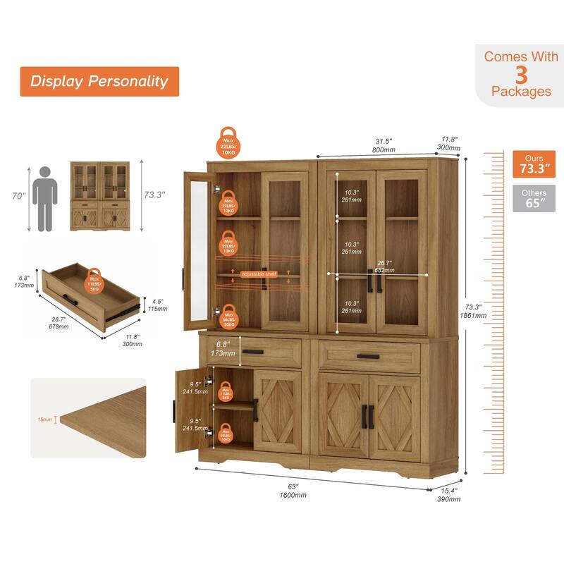 5 Tier Bookcase with Barn Door,73.3" Tall Open Storage Bookshelf