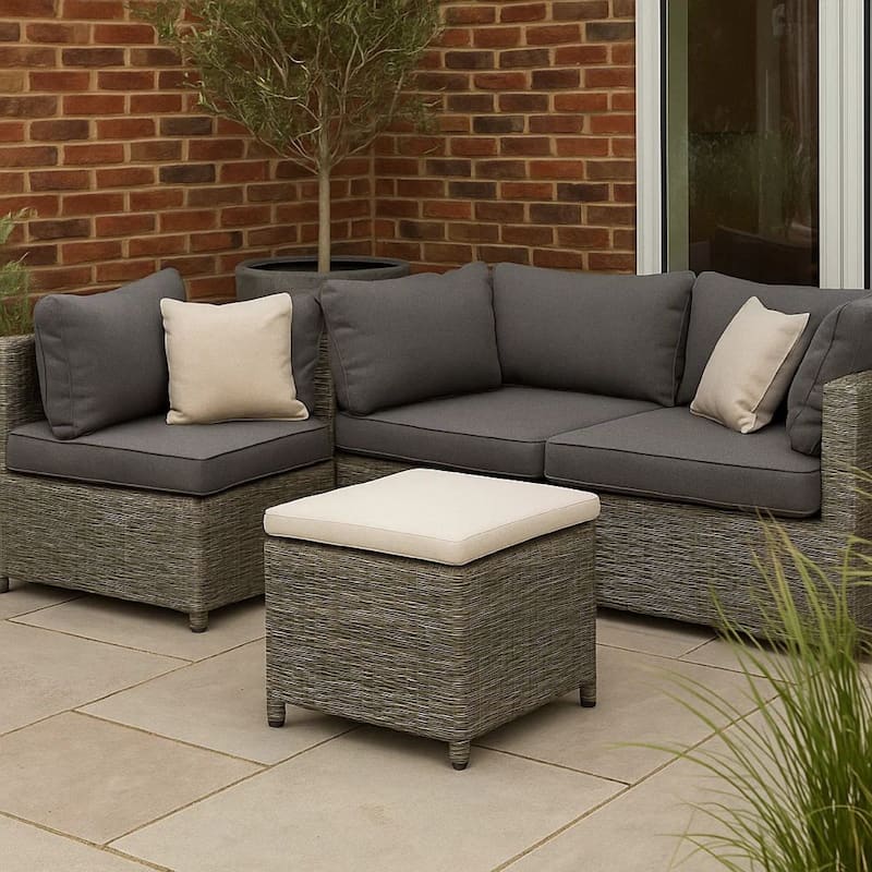 Foca 18 Inch Outdoor Square Ottoman, Set of 2, Gray Fabric, Faux Wicker