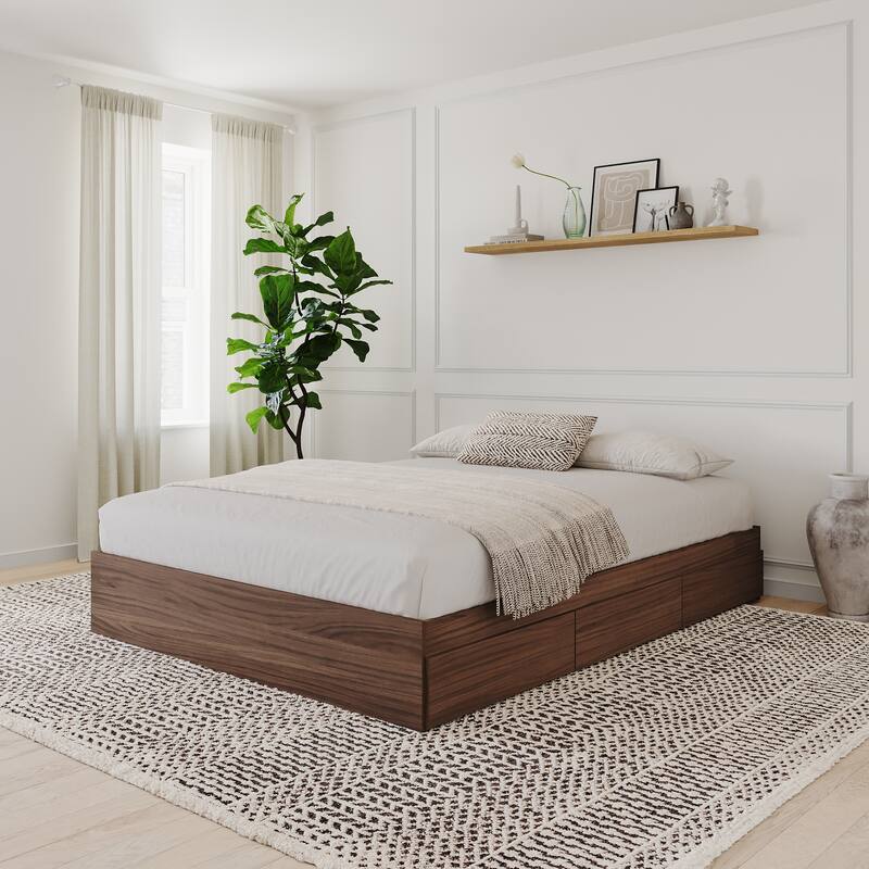 Nexera Bed Frame with 3-Drawer Storage, Reversible, Brown