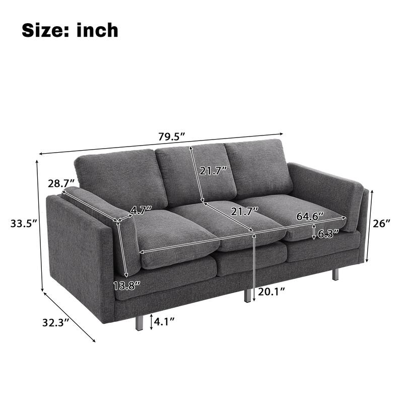 Chenille Cloud Couch Modern 3 Seater Sofa with Metal Legs, Upholstered Sofa Couches with Deep Seat