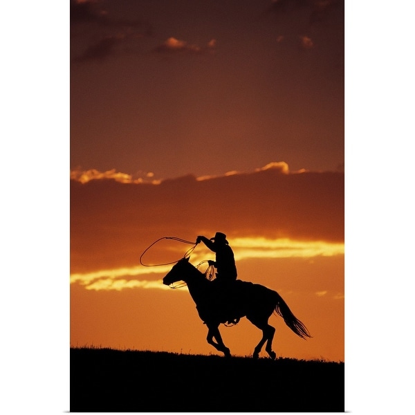 "Silhouette of cowboy on horseback at sunset" Poster Print