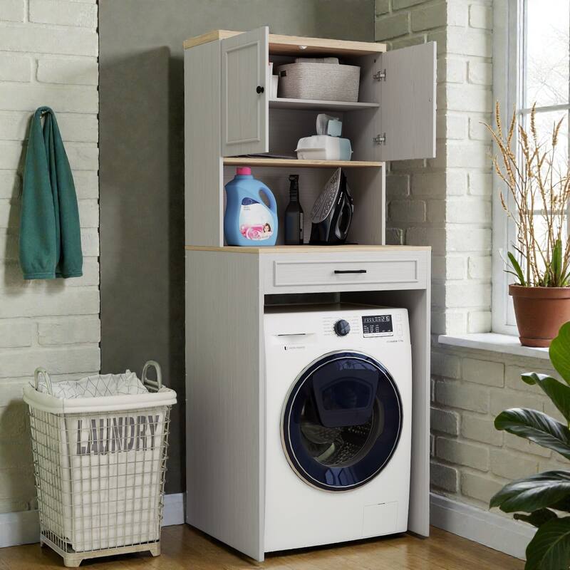 Over-the-Washer and Dryer Storage Cabinet with Adjustable Shelf, Fake Drawer Design, Laundry Room Organizer