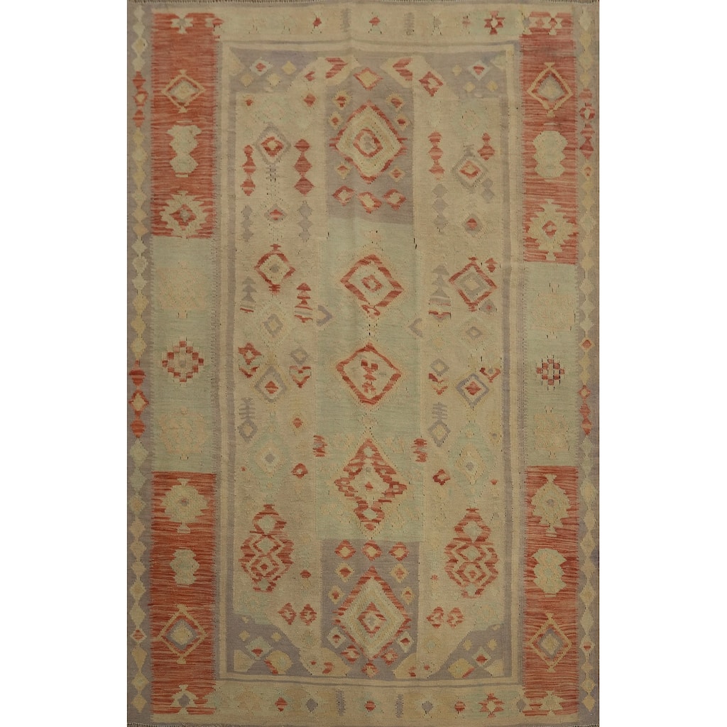Hand Woven Oriental 100% Wool Carpet Southwestern Tribal Beige & Ivories Kilim Area Rug - 6' 5'' X 4' 11''