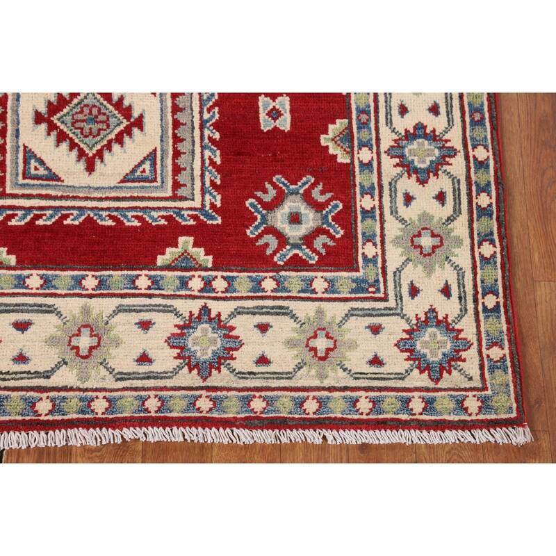 Red Geometric Kazak Foyer Rug Handmade Oriental Wool Carpet - 3'6" x 5'1"
