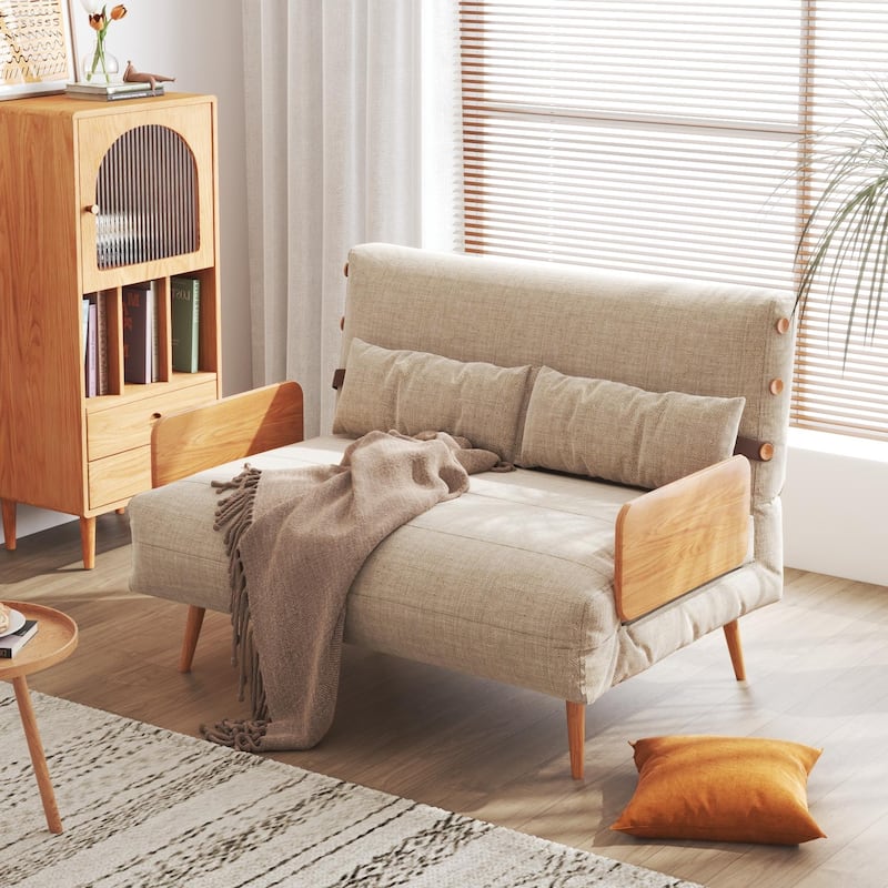 JASIWAY 43.3'' Upholstered Loveseat Sofa Bed, Beige - Beige-Cotton and Linen