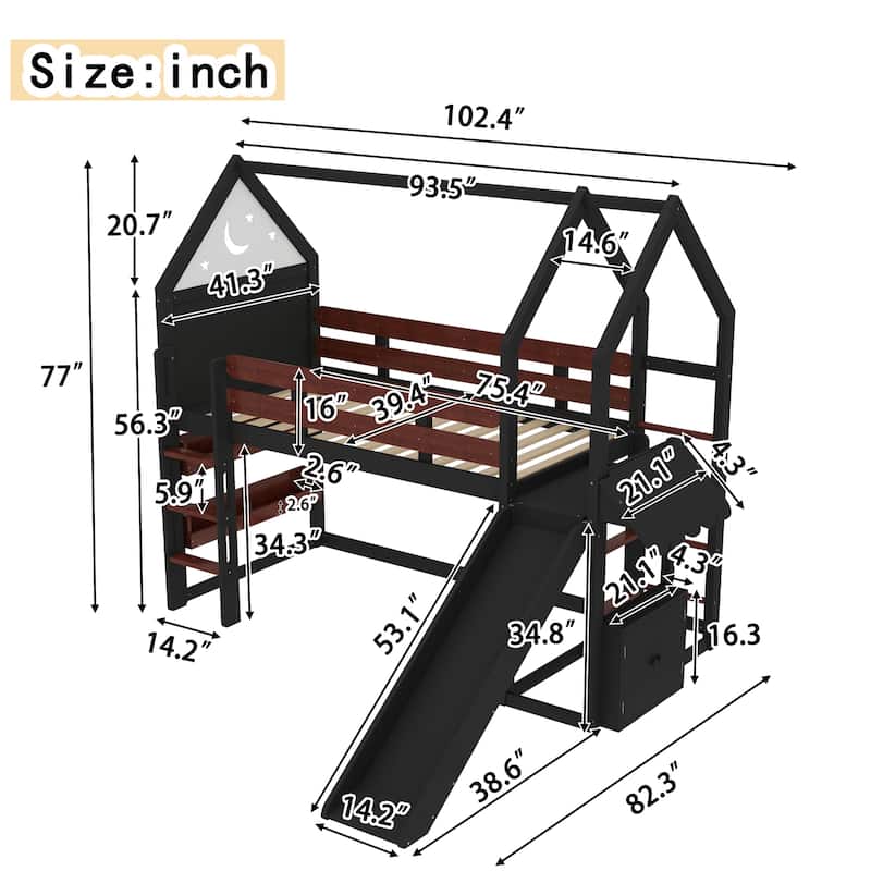 Playful House Bed Starry Moon Cottage Twin Size Loft Bed with Built-in Bookshelves, Reversible Slide and Front & Side Ladders