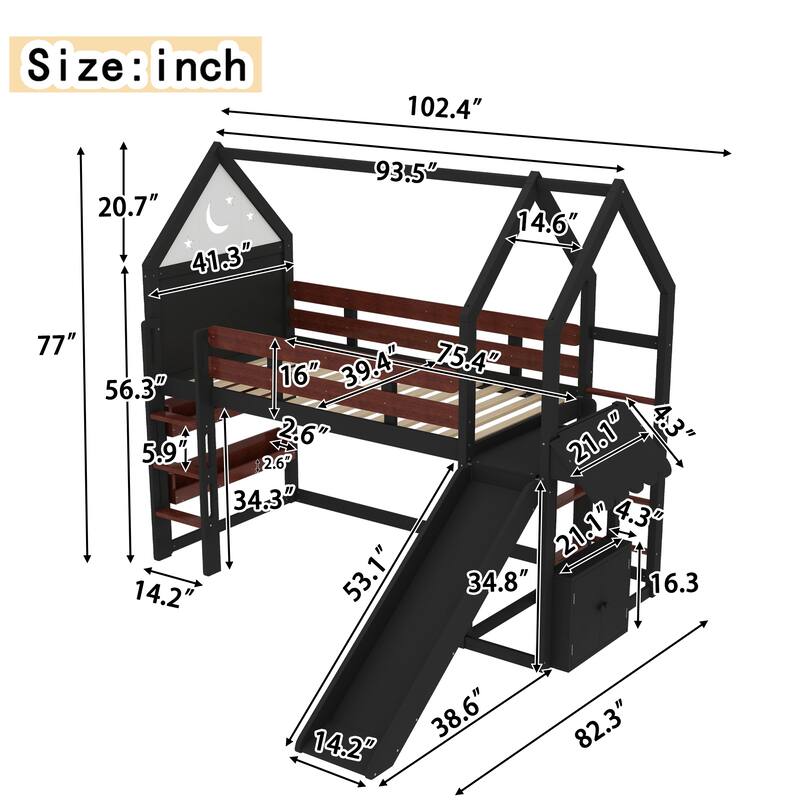 Twin Loft Bed with Slide and Bookshelf, Kids House Bed with Stairs, Safety Rails, Playful Design