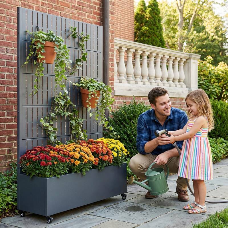 Raised Garden Bed Planter with Trellis Movable Planter Box with Lockable Wheels