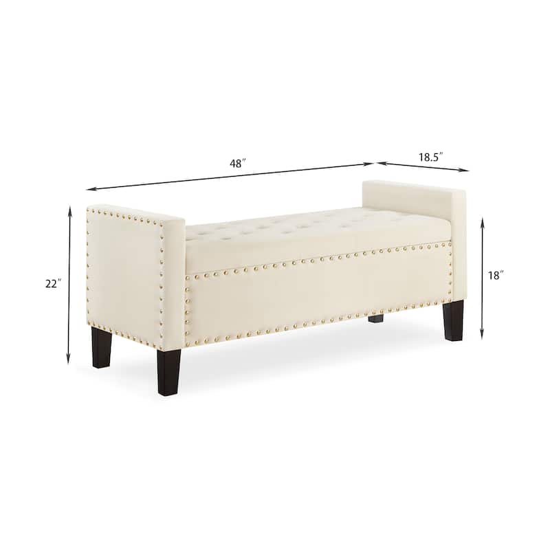 Velvet Storage Ottoman Bench with Armrests, Tufted Upholstered End of Bed Bench with Nailhead Trim for Bedroom, Entryway