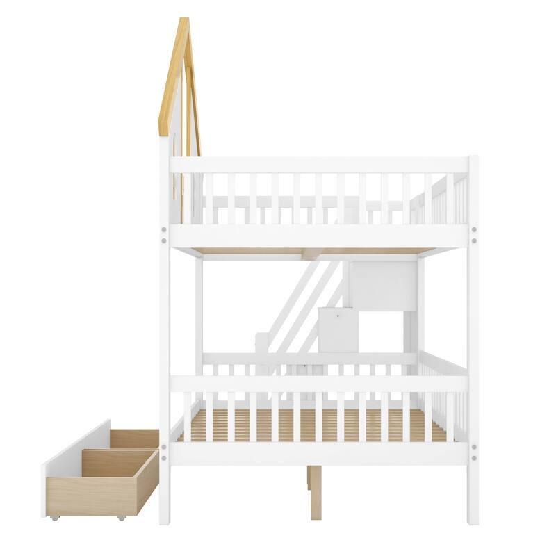 Roomfitters Twin Over Twin/Full Over Full House Bunk Bed with Window, Roof and Storage Staircase, White and Natural
