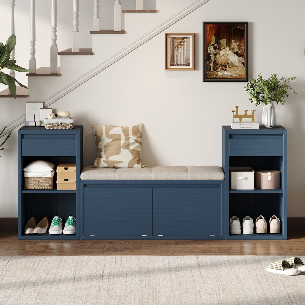 All-in-One Entryway Storage Bench with Cushion, Compartments, Drawers & Open Shelves, Storage Bench for Hallway, Mudroom