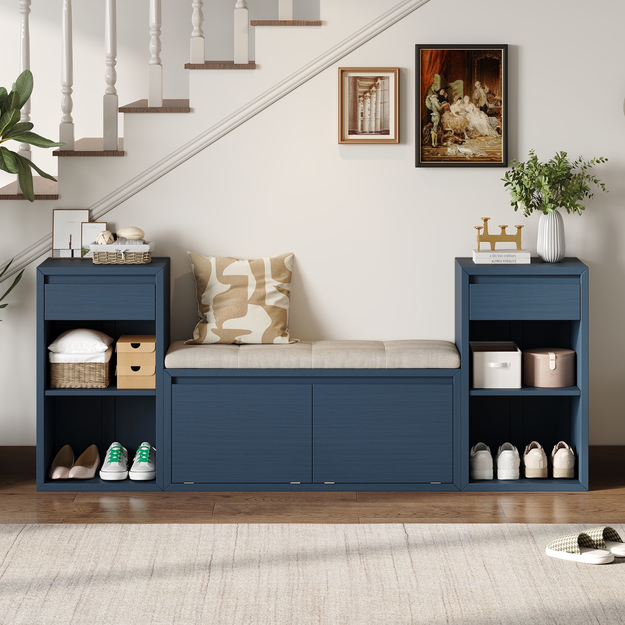 All-in-One Entryway Storage Bench with Cushion, Compartments, Drawers & Open Shelves, Storage Bench for Hallway, Mudroom