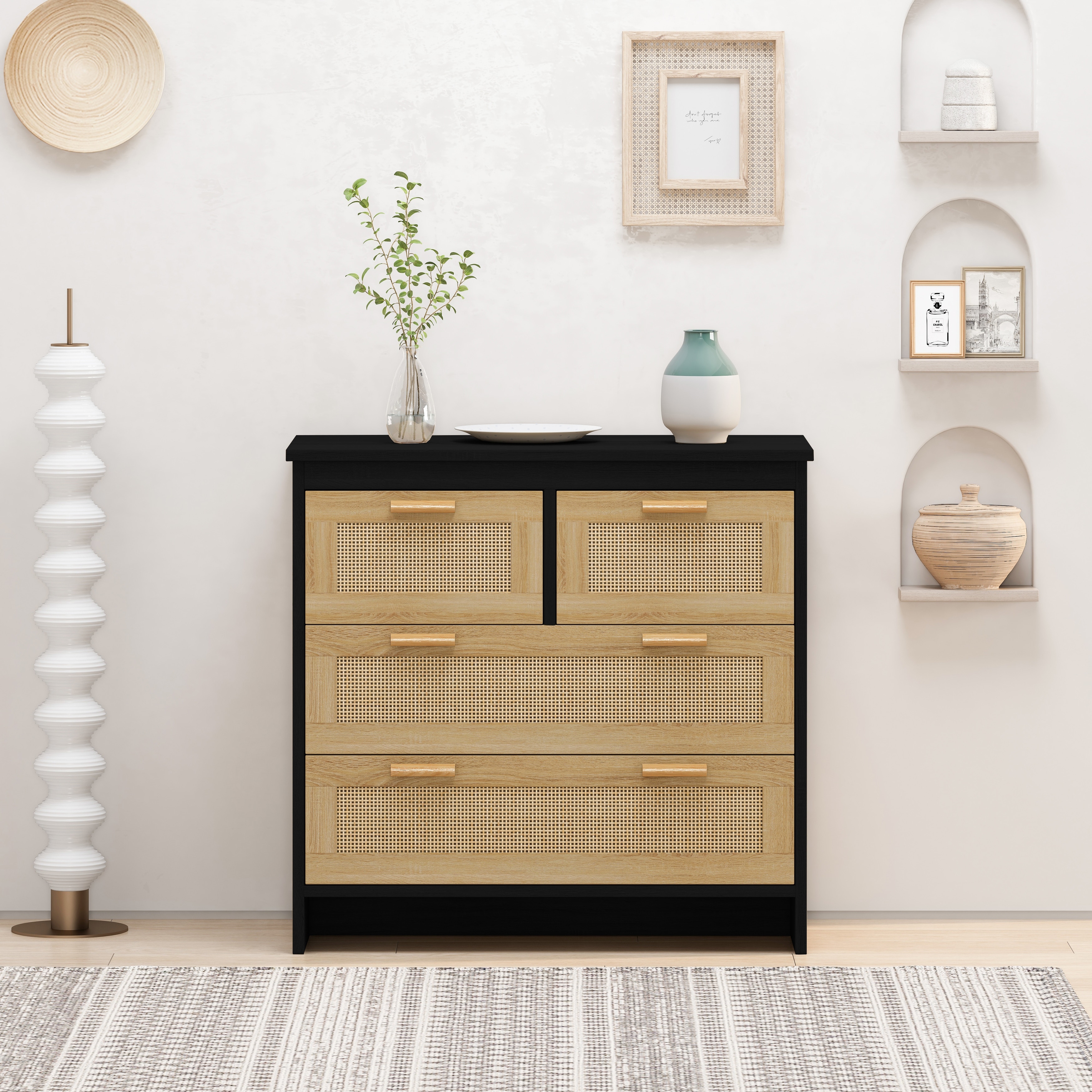 4-Drawer Rattan Cabinet for Bedroom, Living Room, Dining Room, and Hallways - Easy Assembly and Multi-Purpose Storage