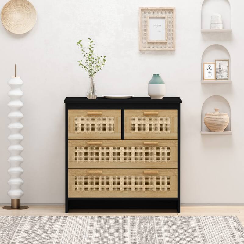 Modern 4 Drawers Rattan Cabinet For - Black+Natural