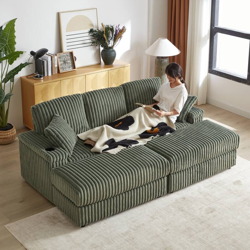Deep Seat Sectional Loveseat Set with 2 Ottoman and 2 Pillows, Corduroy Chaise Lounge Bed with 2 Storage Spaces and Cupholding