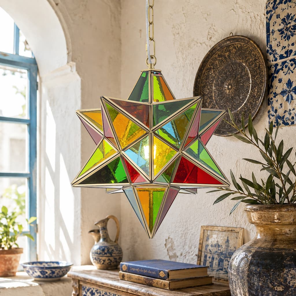 Rennnsan 1-Light Star Stained Glass Pendant Light for Boho Entryway & Dining Room - 13.8 in. W x 16.3 in. H
