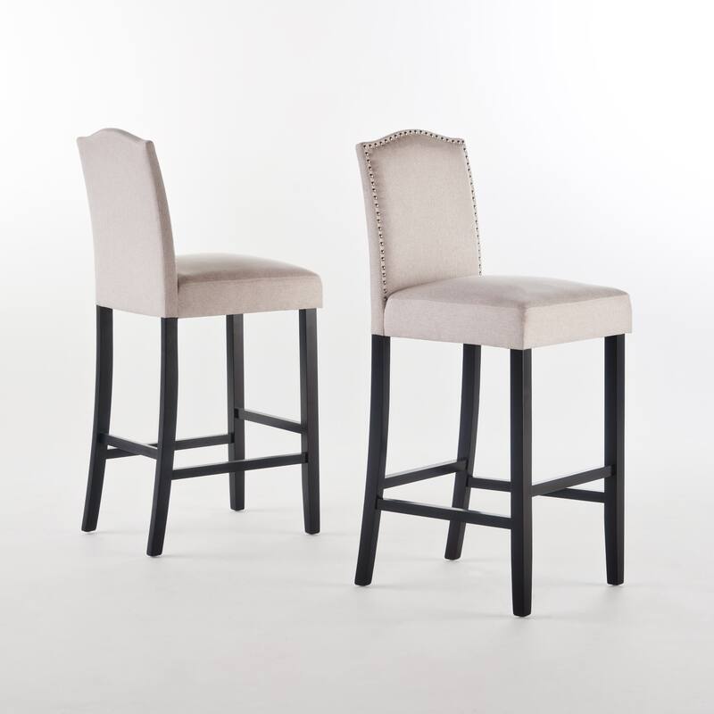 Modern Set of 2 Bar Stools with Leather Cushioned Backrests, Nailhead Trim, Solid Wood Legs for Dining Room Living Room Bar