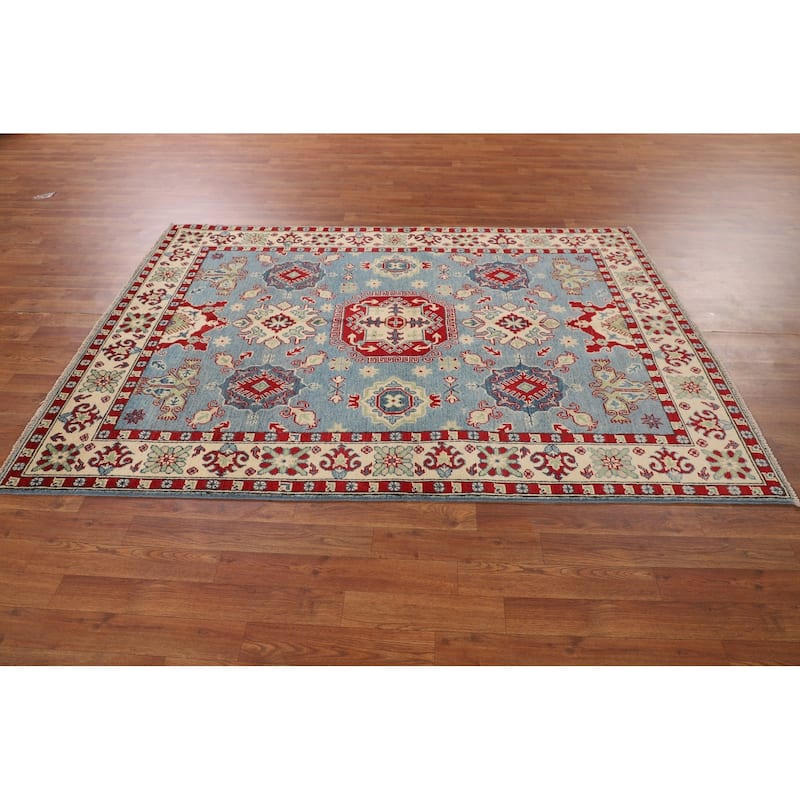 Light Blue Traditional Kazak Oriental Rug Hand-Knotted Wool Carpet - 4'9" x 6'10"