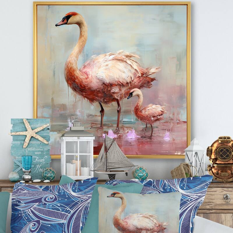 Designart "Pink Blooming Swan Beauty" Swans Pink Wall Decor - Modern Entryway Framed Wall Art Print - 16 in. wide x 16 in. high - Gold