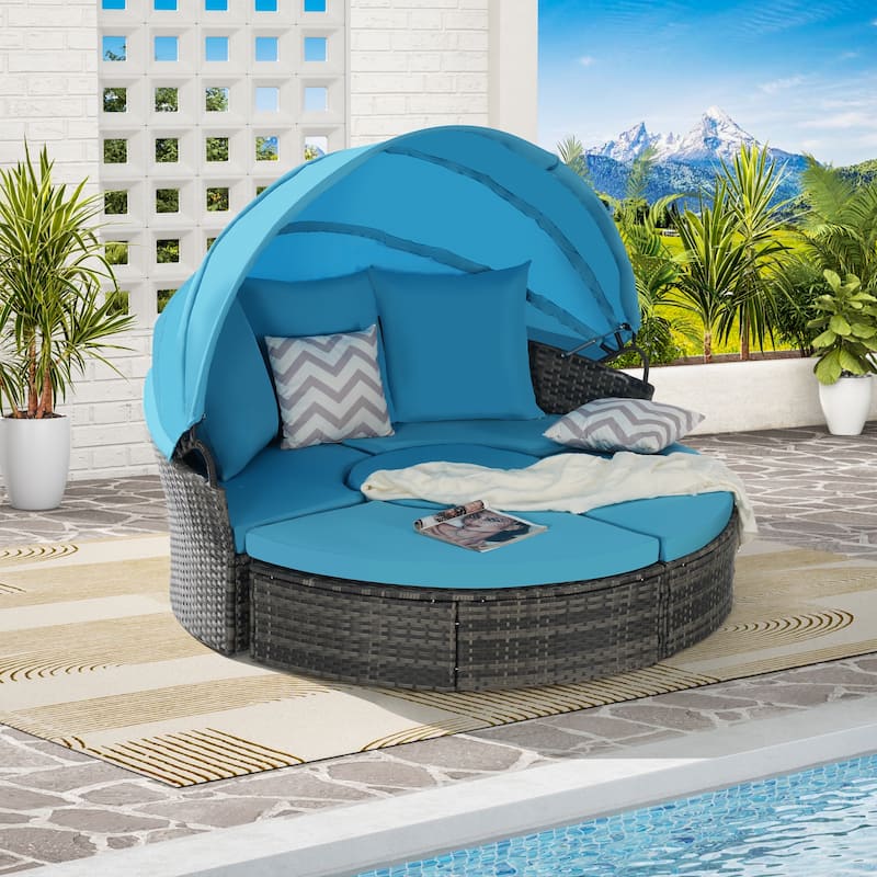 Outdoor Rattan Daybed Round Sunbed with Retractable Canopy, 5 Piece Sectional Patio Conversation Set with Storable Table