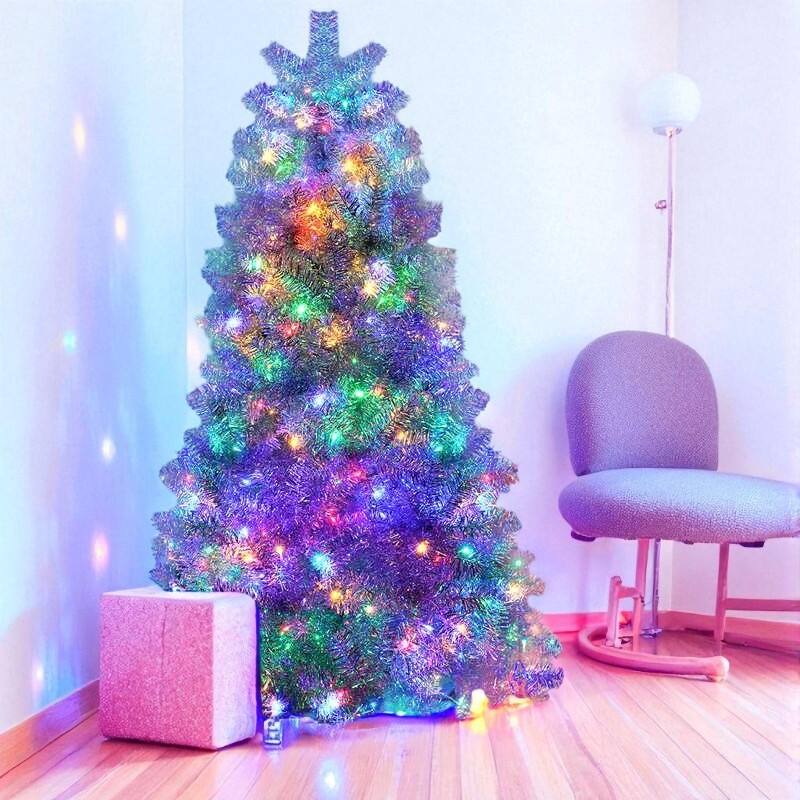 Silver Pre-Lit Artificial Christmas Tree 4FT/6FT/7.4FT with LED Lights, Hinged PVC Full Tree and Metal Stand - 7.5 Foot