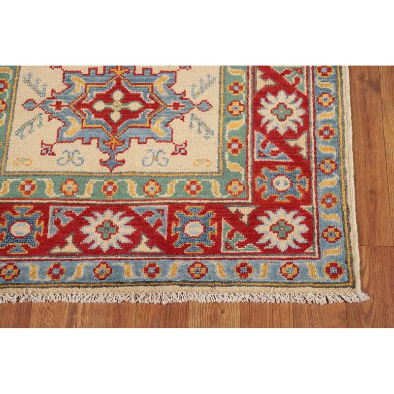 Geometric Kazak Foyer Rug Hand-Knotted Beige Wool Carpet - 2'9"x 3'11"