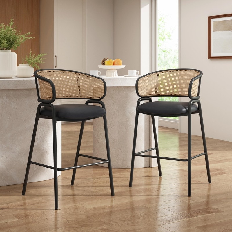 Ethan Upholstered Metal Bar Stools with Faux Leather Seat and Rattan Back, Set of 2