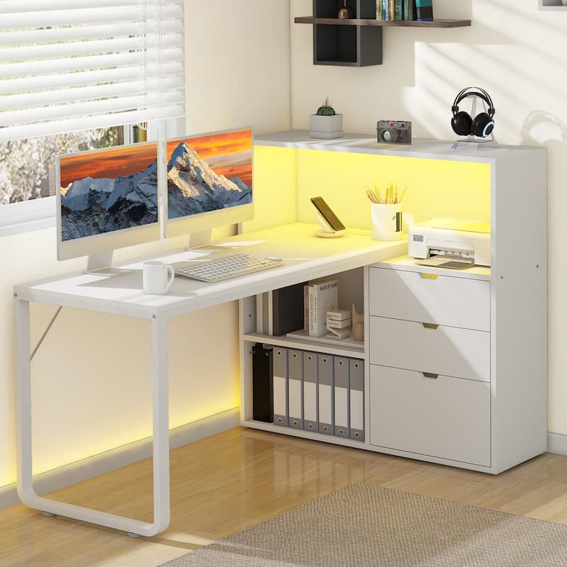 Moasis LED L-Shaped Desk with Drawers and Filing Cabinet, Home Corner Gaming Desk w/USB Ports - White