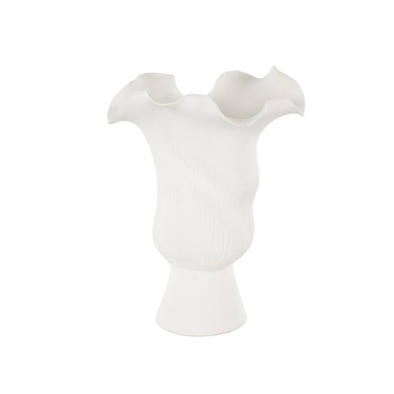 Ceramic Abstract Floral Inspired Vase with Wavy Folded Rim and Linear Grooves - White or Black - Roche River Decor