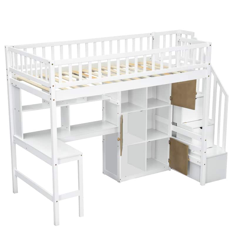 Twin Loft Bed in Walnut with Integrated L-Shaped Desk, LED Lighting, Multi-Tier Storage Shelves, Cabinets, and Staircase