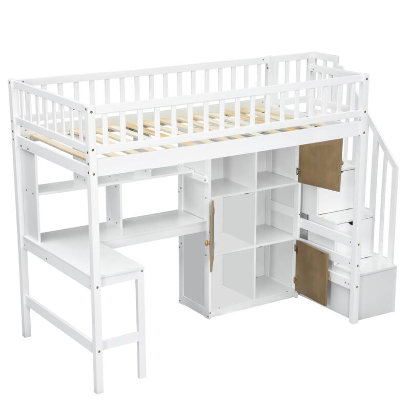 Wood Twin Size Loft Bed With Built-In Desk, Led, Storage Shelves, Cabinets And Staircase