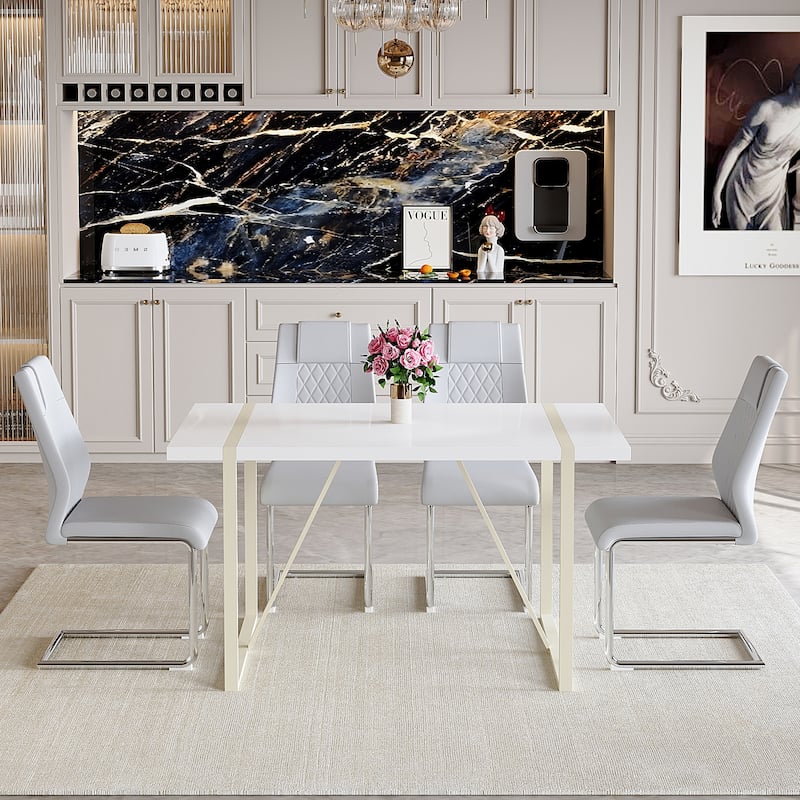 Roomfitters 5pcs Cream Style MDF Dining Table Set with Chairs and Silver Metal Legs, Soft Neutral Design, Light Gray