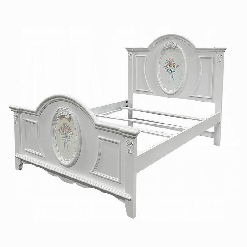 Auri Twin Size Bed, Floral Motifs Arched Headboard, Classic White Wood
