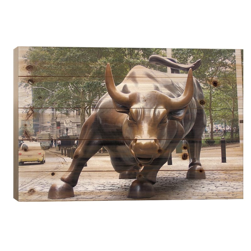 The Wall Street Bull Print On Wood by Unknown Artist - Multi-Color - 18x26x1.5