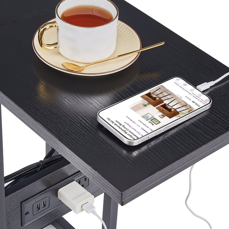 Javlergo Set of 2 C-Shaped End Tables with Charging Station Outlets & USB Fits Sofa Bed for Small Spaces Nightstand & Sofa Table