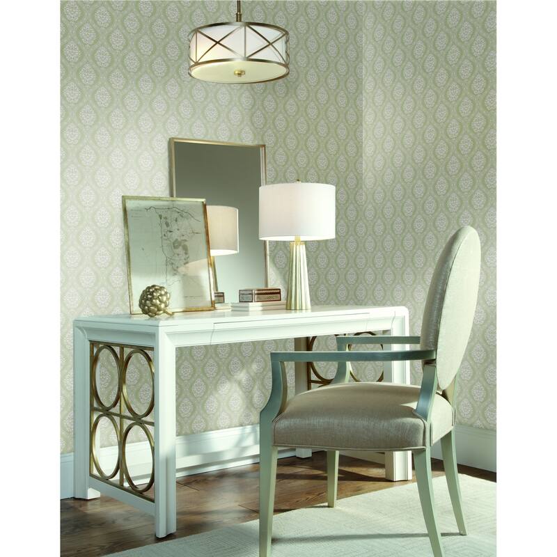 Fullerton Beige Sure Strip Prepasted Damask Petite Ogee Wallpaper