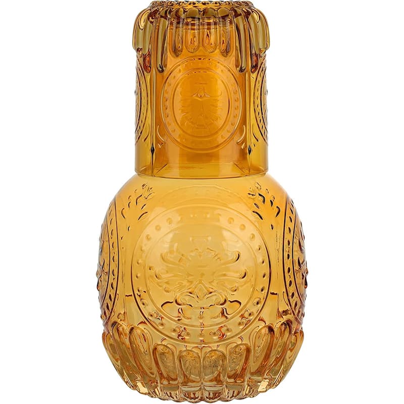 Elle Decor Carafe Bedside Night Water Carafe Glass Pitcher and Cup - 4.52" x 8.26"