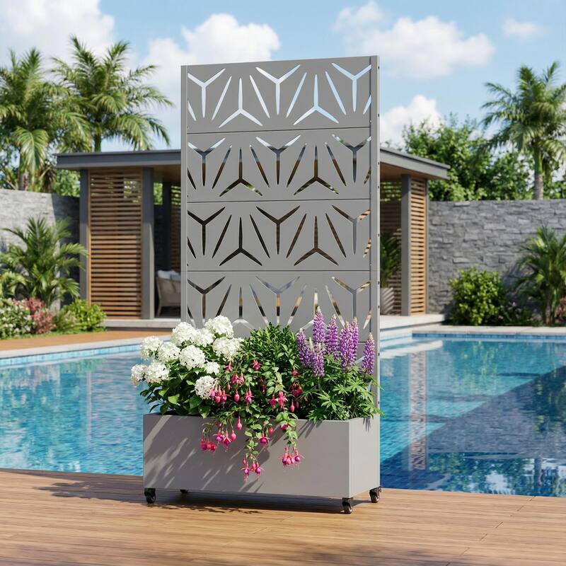 Metal Galvanized Planter Box with Trellis Privacy Screen Lockable Wheels